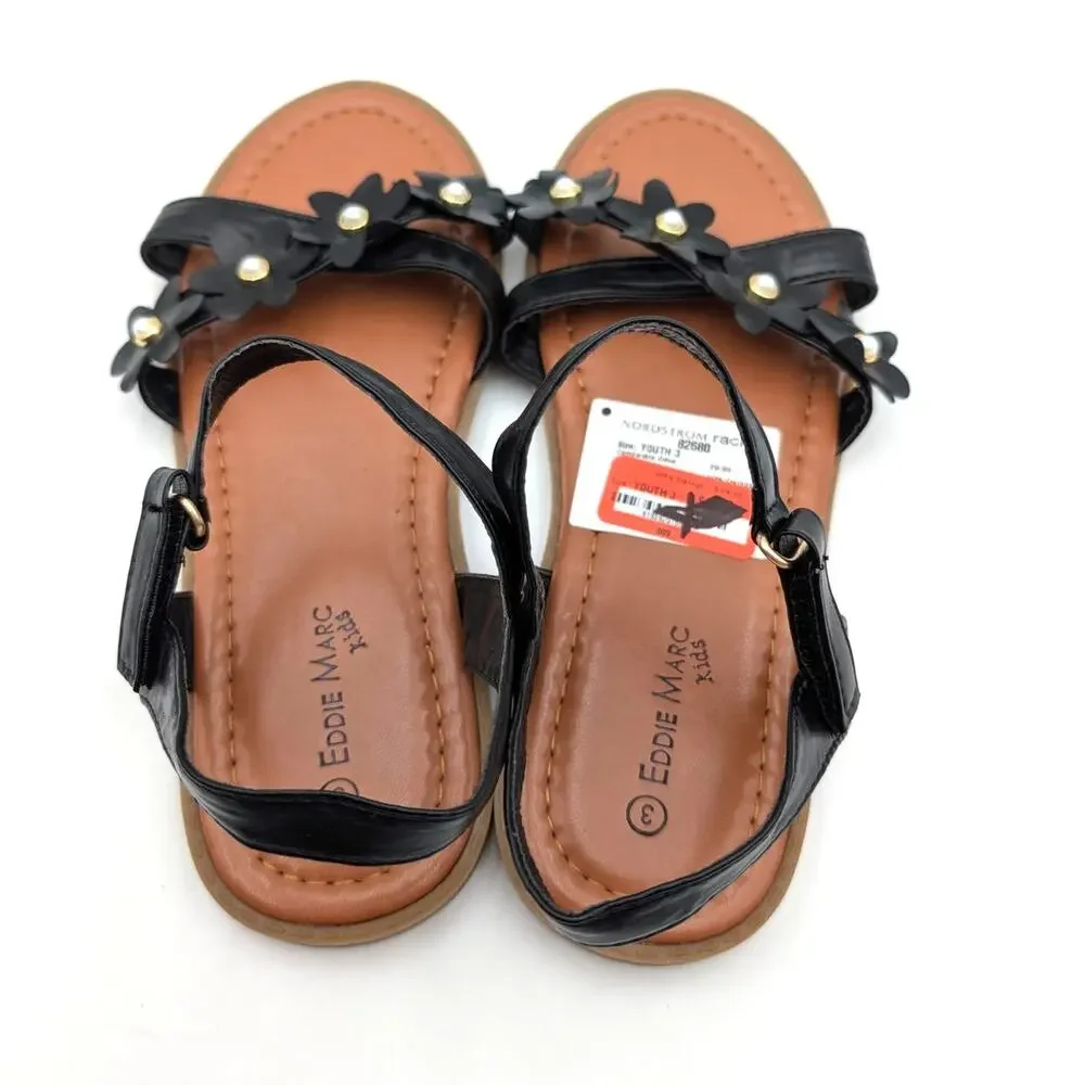 Eddie Marc Flower Strap Sandals Open Round Toe Girls' Black Size US3